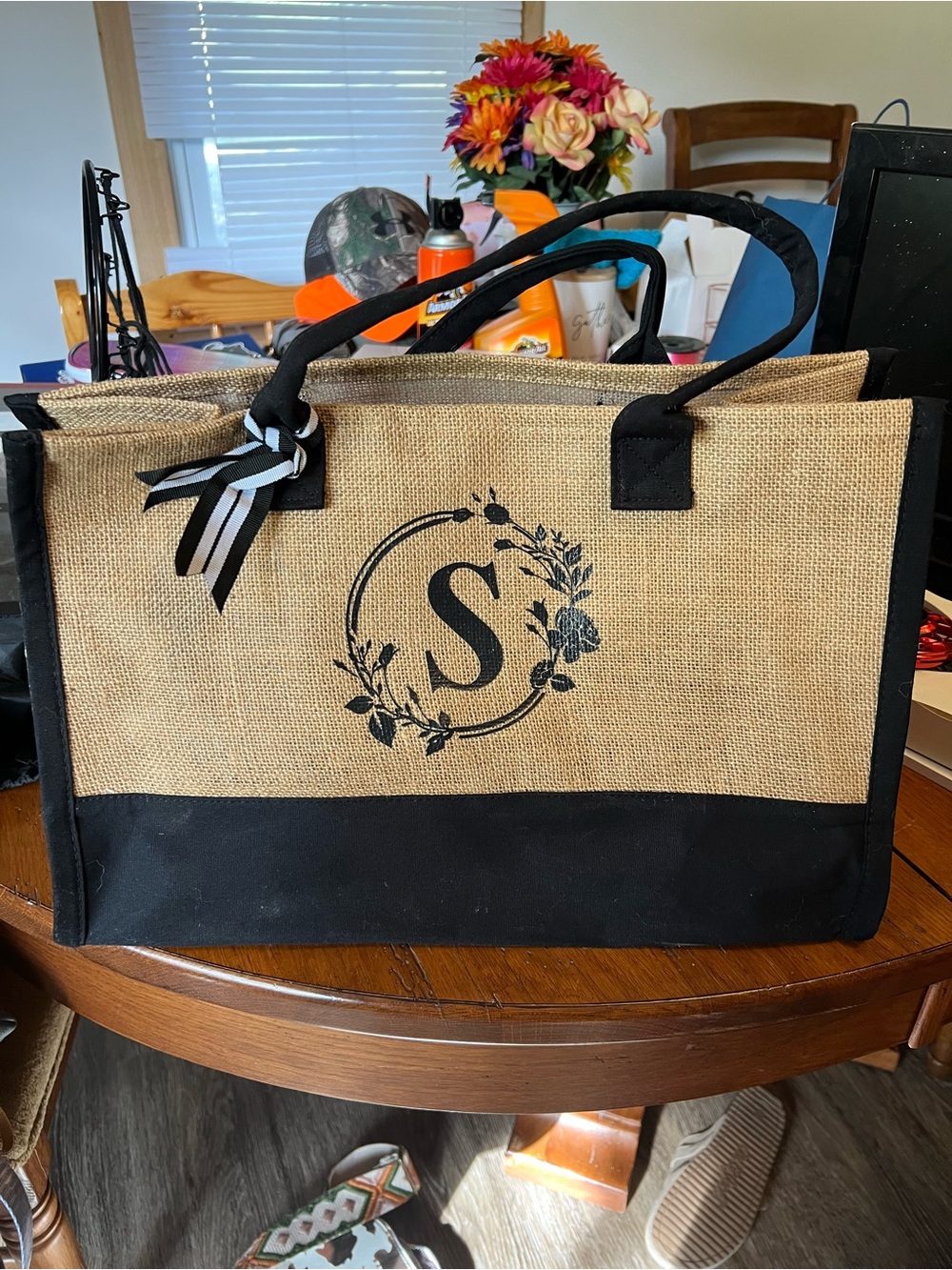 Personalized Monogram Jute Tote Bag in Natural and Black